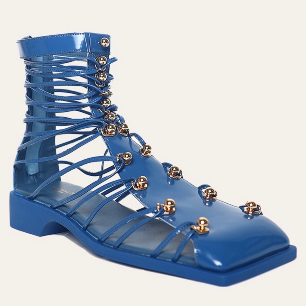 Vivienne Hu SQUARE TOE STRAPPED LEATHER CAGE SANDALS-COBALT SZ 8 NWT